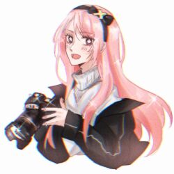 Rule 34 | 1boy, :d, black bow, black hairband, black jacket, blush, bow, bow hairband, camera, cropped torso, hairband, holding, holding camera, holostars, jacket, long hair, looking at viewer, male focus, off shoulder, open mouth, pink hair, pink nails, purple eyes, simple background, sleeves past wrists, smile, solo, sparkle, star-shaped pupils, star (symbol), sweater, symbol-shaped pupils, trap, tsukishita kaoru, turtleneck, turtleneck sweater, upper body, virtual youtuber, white background, white sweater, yichensang