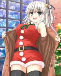 Rule 34 | 1girl, aoi akua, bell, blush, breasts, christmas, coat, hair ornament, long hair, looking at viewer, original, santa costume, smile, solo, standing, star (symbol), thighhighs, thighs, white hair, window