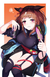 Rule 34 | 1girl, animal ears, annoyed, badge, black shirt, blue jacket, bob cut, border, breasts, brown hair, button badge, can, fanny pack, frown, hand fan, highres, holding, holding can, holding fan, horse ears, horse girl, inverted bob, jacket, large breasts, long sleeves, looking at viewer, off shoulder, open clothes, open jacket, orange background, red eyes, shirt, short hair, simple background, sitting, solo, squiggle, swivel chair, thighs, transcend (umamusume), umamusume, white border, white hair, yakupan
