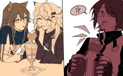 Rule 34 | 3girls, animal ear fluff, animal ears, arknights, bendy straw, chinese commentary, commentary request, crazy straw, drinking, drinking straw, exusiai (arknights), fingerless gloves, food, gloves, hair between eyes, hair over one eye, halo, heart straw, highres, holding, ice cream, jacket, lappland (arknights), long hair, multiple girls, scar, scar across eye, scar on face, shangguzhilang, sharing food, short hair, smile, texas (arknights), wolf ears, yuri