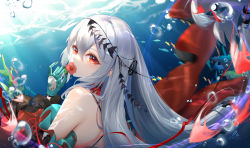 Rule 34 | 1girl, arknights, blue gloves, covering own mouth, detached sleeves, flower, freediving, from behind, gloves, hair between eyes, highres, holding, holding flower, liu liaoliao, long hair, long sleeves, looking at viewer, looking back, official alternate costume, red eyes, silver hair, skadi (arknights), skadi the corrupting heart (arknights), solo, underwater, upper body