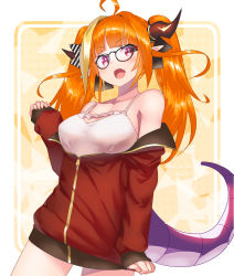 Rule 34 | 1girl, araki (qbthgry), bare shoulders, black ribbon, blonde hair, blunt bangs, bow, breasts, camisole, cleavage, closed mouth, commentary request, diagonal-striped bow, expressionless, frilled camisole, frills, from side, full body, glasses, hair ribbon, highres, hololive, horn bow, horn ornament, horns, jacket, jewelry, kiryu coco, kiryu coco (loungewear), large breasts, long hair, long sleeves, looking at viewer, looking to the side, multicolored eyes, multicolored hair, off shoulder, official alternate costume, open clothes, open jacket, orange hair, partially unzipped, pendant, pointy ears, purple eyes, red eyes, red jacket, ribbon, sidelocks, sideways glance, simple background, slit pupils, solo, spaghetti strap, streaked hair, striped, striped bow, track jacket, twintails, virtual youtuber, white background, white camisole