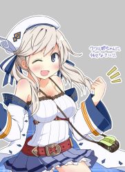 Rule 34 | 10s, 1girl, bare shoulders, belt, beret, blonde hair, blue eyes, blush, breasts, cleavage, collarbone, cucouroux (granblue fantasy), granblue fantasy, hair ribbon, hat, highres, long hair, long sleeves, looking at viewer, medium breasts, one eye closed, open mouth, pouch, ribbon, skirt, smile, solo, translation request, twintails, yuuhi alpha