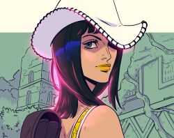 Rule 34 | 1girl, back, bag, black hair, blue eyes, blunt bangs, blunt ends, bush, commentary, ellie mehl, english commentary, highres, looking back, medium hair, nico robin, one piece, shoulder bag, solo, tank top, white headwear, yellow lips, yellow tank top