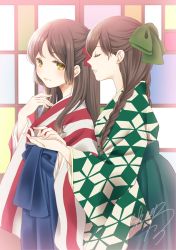 Rule 34 | 2girls, blue hakama, bow, braid, brown eyes, brown hair, closed eyes, closed mouth, commentary request, green bow, green hakama, green kimono, hair bow, hakama, hakama skirt, hand up, hands up, highres, holding hands, japanese clothes, kimono, long hair, long sleeves, low twintails, multiple girls, original, parted bangs, parted lips, print kimono, red bow, sheepd, signature, skirt, standing, striped clothes, striped kimono, twin braids, twintails, vertical-striped clothes, vertical-striped kimono, wide sleeves