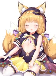 Rule 34 | 1girl, :d, animal ears, armor, blush, breastplate, breasts, brown hair, commission, closed eyes, flower knight girl, fox ears, fox girl, fox tail, hairband, hat, hood, kitsune, kitsune no botan (flower knight girl), navel, open mouth, red eyes, ribbon, simple background, skeb commission, skirt, small breasts, smile, solo, tail, thighhighs, thighs, tutsucha illust, twintails, white background, white thighhighs, yellow hairband, yellow ribbon, yellow skirt
