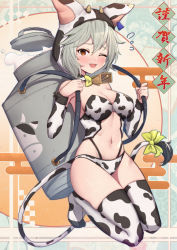 Rule 34 | 1girl, ;d, animal hood, animal print, armpits, bare shoulders, bell, bikini, bow, bowtie, breasts, carrying, chinese zodiac, choker, cow hood, cow print, cow tail, cowbell, detached sleeves, egasumi, fang, granblue fantasy, grey hair, hands up, happy new year, highres, hood, kneeling, long sleeves, looking at viewer, medium breasts, midriff, milk, navel, new year, one eye closed, open mouth, orange eyes, sen (granblue fantasy), short hair, smile, solo, stomach, sweatdrop, swimsuit, tail, tail bow, tail ornament, thighhighs, thighs, uneg, white bikini, white thighhighs, year of the ox, zodiac
