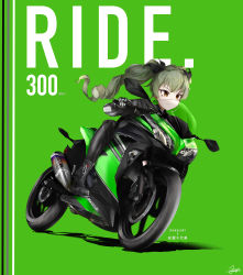 Rule 34 | 1girl, absurdres, anchovy (girls und panzer), artist name, bad id, bad pixiv id, biker clothes, bikesuit, black footwear, black jumpsuit, black ribbon, bodysuit, boots, brown eyes, character name, closed mouth, commentary, drill hair, driving, english text, frown, girls und panzer, gloves, green background, green hair, grey gloves, hair ribbon, highres, jumpsuit, kawasaki, kawasaki ninja 300, logo, long hair, long sleeves, looking to the side, motor vehicle, motorcycle, nougat (73r1r1), on motorcycle, ribbon, romaji commentary, signature, simple background, solo, translated, twin drills, twintails, wind