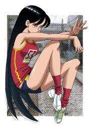 Rule 34 | 1girl, black hair, black shorts, blurry, blurry background, border, crossed arms, floating, gstar8893, hand on own knee, highres, knees up, long hair, looking to the side, original, outside border, red eyes, red shirt, red socks, shirt, shoes, short shorts, shorts, sleeveless, sleeveless shirt, sneakers, socks, solo, sportswear, white border