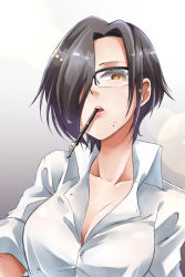Rule 34 | 1girl, black-framed eyewear, black hair, breasts, brown eyes, collarbone, commentary request, cowboy shot, food, food in mouth, glasses, hair over one eye, highres, ishii takuma, looking at viewer, medium breasts, mouth hold, original, pocky, pocky day, shirt, short hair, solo, white shirt