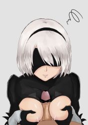 Rule 34 | 1boy, 1girl, artist request, blindfold, bottomless, breasts, censored, gloves, hairband, hetero, highres, juliet sleeves, long sleeves, mole, mole under mouth, nier:automata, nier (series), nipples, paizuri, penis, puffy sleeves, short hair, thighhighs, vaginal, white background, white hair, 2b (nier:automata)
