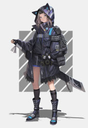 Rule 34 | 1girl, animal hood, armband, backpack, badge, bag, blue eyes, blush, boots, button badge, buttons, cigarette, closed mouth, coat, concept art, fingerless gloves, flat chest, full body, gas mask, gloves, grey background, grey hair, hand in pocket, hand on weapon, highres, hood, kneehighs, light blush, long coat, looking at viewer, mask, mouth hold, numbered, open clothes, open coat, original, shadow, sheath, sheathed, short hair, shorts, simple background, sl86, socks, solo, sweater, sword, weapon