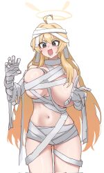 1girl ahoge alternate_breast_size bandages blonde_hair blue_archive blush breasts claw_pose covering_nipples covering_privates halo highres large_breasts long_hair looking_at_viewer mummy_costume naked_bandage navel open_mouth rodeong_r sidelocks solo thighs yoshimi_(blue_archive) yoshimi_(halloween)_(blue_archive)