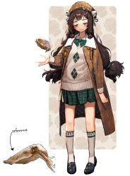 Rule 34 | 1girl, black footwear, black hair, blush, bow, bowtie, brown coat, brown hat, coat, collared shirt, cuttlefish, freckles, full body, green bow, green bowtie, green eyes, green skirt, grey socks, half-closed eyes, hand up, hat, highres, horizontal pupils, long hair, low-tied long hair, original, personification, plaid, plaid coat, plaid headwear, plaid skirt, rinotuna, shadow, shirt, shoes, skirt, sleeves past wrists, smile, socks, solo, standing, sweater, twintails, white shirt