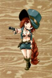 Rule 34 | 1girl, bare shoulders, bikini, boots, breasts, chibi, cleavage, cleavage cutout, clothing cutout, collar, cowboy boots, cowboy hat, cowboy western, evil smile, expressionless, fairy tail, female focus, flare corona, gun, handgun, hat, highres, jacket, large breasts, long hair, looking at viewer, looking down, midriff, navel, no shirt, pale skin, pistol, pointing weapon, red eyes, red hair, scar, shaded face, smile, solo, swimsuit, tattoo, thick thighs, thighs, threatening, underboob, very long hair, weapon
