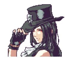 Rule 34 | 1other, ascot, bare shoulders, black hair, fingerless gloves, glaceo, gloves, guilty gear, guilty gear strive, hat, hat ornament, long hair, looking at viewer, lowres, other focus, pixel art, red eyes, skull, skull hat ornament, smile, testament (guilty gear), top hat, white ascot
