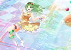 Rule 34 | 1girl, chro, fang, goggles, goggles on head, green eyes, green hair, gumi, headset, matching hair/eyes, open mouth, orb, skirt, skirt set, smile, solo, vocaloid, wrist cuffs