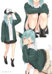 Rule 34 | 10s, 2017, 2girls, alternate costume, ama mitsuki, aqua eyes, aqua hair, bent over, brown footwear, casual, clothes lift, commentary request, dated, full body, green jacket, hair between eyes, hood, hooded track jacket, implied cunnilingus, implied yuri, jacket, jockey, kantai collection, kumano (kancolle), lips, long hair, looking at another, looking at viewer, looking to the side, miniskirt, multiple girls, multiple views, panties, panty pull, pantyshot, parted lips, pleated skirt, simple background, skirt, skirt lift, smile, spread legs, squatting, suzuya (kancolle), thighs, track jacket, translated, underwear, white background, white panties, yuri