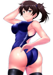 Rule 34 | 1girl, ass, black thighhighs, blue one-piece swimsuit, brown eyes, brown hair, competition swimsuit, cowboy shot, from behind, kaga (kancolle), kantai collection, long hair, looking at viewer, looking back, one-piece swimsuit, side ponytail, simple background, solo, swimsuit, thighhighs, twisted torso, white background, zanntetu