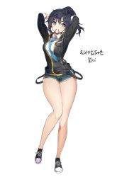 Rule 34 | 1girl, artist name, bare legs, black footwear, black hair, black jacket, blue eyes, blue necktie, blue shorts, full body, genderswap, genderswap (mtf), highres, jacket, jin seipatsu, legs, looking at viewer, mal poi, mouth hold, necktie, ponytail, popped collar, shiny skin, shoes, short hair, short shorts, shorts, simple background, sneakers, solo, soulworker, standing, thighs, white background