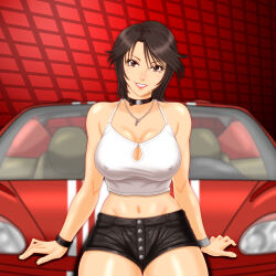 Rule 34 | 1girl, absurdres, bare shoulders, black choker, bracelet, breasts, brown eyes, brown hair, buttons, car, choker, cleavage, cleavage cutout, clothing cutout, covered erect nipples, fukami ai, highres, iforher, jewelry, large breasts, looking at viewer, midriff, mole, mole under mouth, motor vehicle, namco, navel, necklace, ridge racer, shorts, sitting on car, smile, solo, tank top