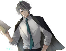 Rule 34 | 1boy, ahoge, alhaitham (genshin impact), alternate costume, artist name, belt, black belt, black jacket, black pants, blue eyes, blue hair, blue necktie, book, closed mouth, collared jacket, collared shirt, formal, genshin impact, grey hair, grey shirt, hair between eyes, hair over one eye, hand in pocket, hand up, highres, holding, holding book, jacket, kt (ktakbl0), long sleeves, looking to the side, male focus, multicolored hair, necktie, open book, open clothes, open jacket, pants, pocket, shirt, short hair, simple background, solo, standing, suit, two-tone hair, v-shaped eyebrows, white background, wing collar