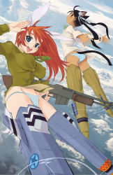 Rule 34 | 2girls, animal ears, antenna hair, ass, assault rifle, black hair, blue eyes, breasts, browning automatic rifle, cat ears, cat tail, charlotte e. yeager, cloud, cloudy sky, crybringer, dark-skinned female, dark skin, flat chest, flying, francesca lucchini, gun, highres, large breasts, left-handed, looking at viewer, machine gun, multiple girls, orange hair, panties, rabbit ears, rabbit girl, rifle, salute, sky, straining buttons, strike witches, striker unit, striped clothes, striped panties, tail, underwear, weapon, world witches series