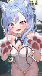 1girl absurdres animal_ears animal_hands bare_arms bare_shoulders blue_hair bow bowtie braid breasts cat_ears cat_girl cat_tail cleavage commission covered_navel cowboy_shot detached_collar fang gimseol gloves gluteal_fold hands_up highleg highleg_leotard highres large_breasts leaning_forward leotard long_hair looking_at_viewer nontraditional_playboy_bunny open_mouth original paw_gloves pink_eyes smile solo standing strapless strapless_leotard tail thighs white_leotard