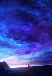 Rule 34 | blue sky, cat, cloud, cloudy sky, commentary request, crescent moon, highres, house, mks, moon, no humans, on roof, original, outdoors, rooftop, scenery, sky, snow, star (sky), starry sky