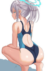 Rule 34 | 1girl, absurdres, animal ear fluff, animal ears, back, back focus, barefoot, black one-piece swimsuit, blue archive, blue eyes, competition swimsuit, cross hair ornament, extra ears, grey hair, hair ornament, halo, highres, kein hasegawa, looking at viewer, looking back, low ponytail, medium hair, mismatched pupils, multicolored clothes, multicolored swimsuit, official alternate costume, one-piece swimsuit, shiroko (blue archive), shiroko (swimsuit) (blue archive), simple background, solo, squatting, swimsuit, white background, wolf ears