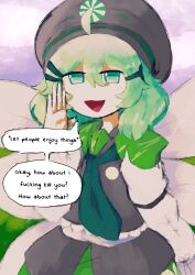 Rule 34 | 1girl, absurdres, ahoge, arm at side, beret, black hat, black shirt, black skirt, collared shirt, commentary, cowboy shot, english commentary, english text, fairy wings, green eyes, green hair, green necktie, hair between eyes, hair ornament, hairclip, hand up, hat, highres, iesonatana, layered sleeves, long sleeves, looking at viewer, medium hair, necktie, open mouth, original, profanity, shirt, skirt, smile, solo, speech bubble, standing, touhou, triangle mouth, white shirt, wings