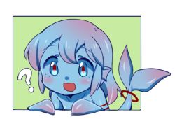 Rule 34 | 1girl, :d, ?, animal ears, blue eyes, blue hair, blue sclera, blue skin, blush, colored sclera, colored skin, filet (kai himo), fins, gills, gradient hair, green background, head fins, kai himo, looking at viewer, monster girl, multicolored hair, nude, open mouth, original, pink hair, red pupils, simple background, smile, solo, tail
