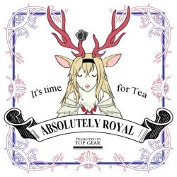 Rule 34 | 1girl, animal ears, animalization, antlers, black hairband, blonde hair, bubble tea, closed eyes, crown, dress, english text, fur, hair ornament, hairband, horns, kantai collection, long hair, mini crown, off-shoulder dress, off shoulder, parody, red ribbon, ribbon, sei masami, solo, translated, warspite (kancolle), white background, white dress