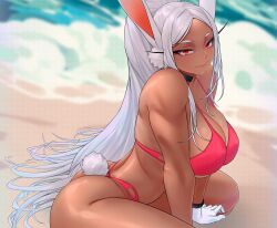 Rule 34 | 1girl, animal ears, artist name, ass, bare shoulders, beach, bikini, black choker, boku no hero academia, breasts, choker, curvy, dark-skinned female, dark skin, gabriel carrasquillo, gloves, highres, large breasts, long eyelashes, long hair, looking at viewer, mirko, outdoors, parted bangs, ponytail, rabbit ears, rabbit girl, rabbit tail, red eyes, sitting, solo, swimsuit, tail, thick thighs, thighs, toned, very long hair, wariza, white gloves, white hair