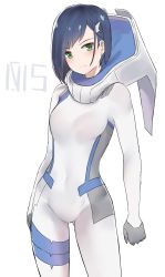 Rule 34 | 1girl, blue hair, blush, bodysuit, contrapposto, cowboy shot, darling in the franxx, green eyes, hair ornament, hairclip, highres, ichigo (darling in the franxx), looking at viewer, norman maggot, pilot suit, serious, standing, white bodysuit