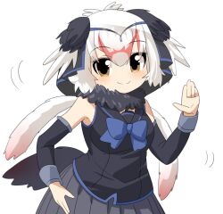 Rule 34 | 1girl, bird tail, black sailor collar, black shirt, black skirt, black sleeves, black wings, blue bow, blue bowtie, blush, bow, bowtie, breasts, brown eyes, circlet, closed mouth, commentary request, cowboy shot, detached sleeves, fur collar, head wings, kemono friends, lets0020, looking at viewer, medium bangs, medium breasts, ostrich (kemono friends), pleated skirt, sailor collar, sailor shirt, shirt, short hair, simple background, skirt, skirt set, smile, solo, tail, waving, white background, white hair, wings