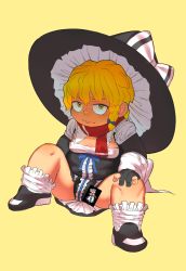 Rule 34 | 1boy, black gloves, black hat, blonde hair, blue bow, blue ribbon, bow, braid, closed mouth, commentary request, cookie (touhou), expressionless, fat, full body, genderswap, genderswap (ftm), gloves, hair bow, hat, hat bow, highres, kirisame marisa, long hair, looking at viewer, male focus, mars (cookie), partially fingerless gloves, ribbon, shitsumin, simple background, single braid, sitting, socks, solo, touhou, white bow, white socks, witch hat, yellow background, yellow eyes