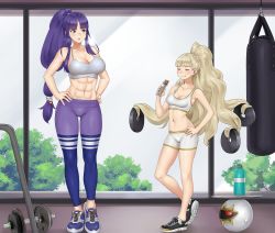 Rule 34 | abs, altina (fire emblem), barbell, bike shorts, blonde hair, blue eyes, blue hair, bottle, breasts, dumbbell, eating, eitri (fire emblem), fire emblem, fire emblem: radiant dawn, fire emblem heroes, gym, highres, holding, igni tion, large breasts, long hair, medium breasts, multiple girls, muscular, muscular female, navel, nintendo, orb, prehensile hair, protein bar, punching bag, sports bra, sweat, toned, tray, very long hair, water bottle, wavy hair