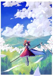 Rule 34 | 1girl, absurdres, ascot, blue ascot, blue sky, bow, cloud, cloudy sky, collar, collared shirt, detached sleeves, flying, frilled bow, frilled hair tubes, frills, full body, gohei, hair bow, hair tubes, hakurei reimu, highres, jacket, long sleeves, looking at viewer, mountain, mountainous horizon, red bow, red headwear, red jacket, red skirt, ribbon-trimmed sleeves, ribbon trim, shirt, skirt, skirt set, sky, socks, solo, touhou, uzumibi, white shirt, wide sleeves