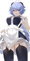 Rule 34 | 1girl, :o, absurdres, ahoge, alternate costume, apron, apron hold, artist name, black thighhighs, blue hair, breasts, curled horns, dated, enmaided, frills, from below, ganyu (genshin impact), garter straps, genshin impact, goat horns, hair between eyes, highres, horns, large breasts, long hair, maid, maid apron, open mouth, purple eyes, simple background, solo, swkl:d, teeth, thighhighs, thighs, upper teeth only, very long hair, white background, wrist cuffs