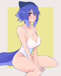 Rule 34 | 1girl, absurdres, blue hair, blush, borrowed character, breasts, cleavage, feet out of frame, fins, fish tail, hair between eyes, highres, ladderdrawing, large breasts, looking at viewer, mako (azuumori), one-piece swimsuit, original, red eyes, shadow, shark fin, shark girl, shark tail, short hair, smile, solo, swimsuit, tail, white one-piece swimsuit, yellow background