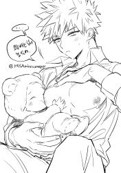 Rule 34 | 1boy, absurdres, baby, bakugou katsuki, blush, boku no hero academia, collared shirt, greyscale, highres, holding baby, if they mated, korean text, male focus, male lactation, misa (jjin miryeon), monochrome, nipples, nursing, open clothes, open shirt, pectorals, shirt, sitting, sketch, speech bubble, spiked hair, sweatdrop, translation request, twitter username