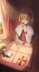 Rule 34 | 1girl, alice margatroid, blonde hair, bob cut, book, commentary, cup, doll, female focus, lock, saucer, sitting, smile, solo, table, teacup, touhou, weee (raemz), window, window shadow