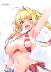 Rule 34 | 1girl, absurdres, arm up, armpits, bare shoulders, bikini, blonde hair, blush, bracelet, breasts, criss-cross halter, earrings, fate/grand order, fate (series), gradient background, green eyes, hair intakes, halterneck, highres, huge breasts, jewelry, long hair, nero claudius (fate), nero claudius (fate) (all), nero claudius (swimsuit caster) (fate), pink background, scrunchie, smile, solo, striped bikini, striped clothes, swimsuit, try (lsc), twintails, twitter username, white background, white scrunchie