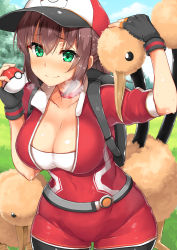 Rule 34 | 10s, 1girl, b-ginga, baseball cap, belt, black gloves, black leggings, blush, breasts, brown hair, choker, cleavage, collarbone, creatures (company), day, doduo, female protagonist (pokemon go), fingerless gloves, game freak, gen 1 pokemon, gloves, grass, green eyes, hat, headpat, heavy breathing, holding, holding poke ball, impossible clothes, large breasts, leggings, long hair, looking at viewer, nintendo, poke ball, poke ball (basic), pokemon, pokemon (creature), pokemon go, ponytail, sky, smile, sweat, wide hips