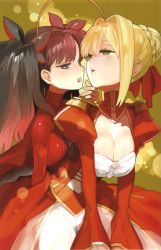 Rule 34 | 10s, 2girls, absurdres, ahoge, aqua eyes, black hair, blonde hair, bow, breasts, center opening, cleavage, colored eyelashes, dress, epaulettes, eyelashes, fate/extra, fate/stay night, fate (series), grabbing another&#039;s chin, green eyes, hair bow, hair intakes, hair ribbon, hand on another&#039;s chin, hand under clothes, highres, imminent kiss, long hair, multiple girls, nero claudius (fate), nero claudius (fate) (all), nero claudius (fate/extra), official art, ribbon, tohsaka rin, tongue, tongue out, wada arco, yuri