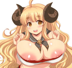 Rule 34 | 10s, 1girl, afuro, ahoge, anila (granblue fantasy), belt bra, blonde hair, breasts, brown eyes, bursting breasts, collarbone, female focus, goat horns, granblue fantasy, horns, huge breasts, long hair, looking at viewer, midriff, nipples, open mouth, simple background, solo, upper body, wavy hair, white background