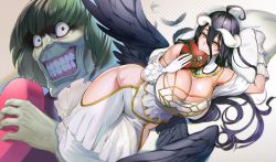 Rule 34 | 1boy, 1girl, :d, absurdres, albedo (overlord), alternate breast size, bare hips, black feathers, black hair, blush stickers, bob cut, box, breasts, cleavage, closed mouth, crazy eyes, crazy smile, crossover, demon girl, dress, elbow gloves, end card, feathered wings, feathers, frilled dress, frilled gloves, frills, gloves, gradient background, green hair, grey background, hair between eyes, heart, heart-shaped box, highres, horns, huge breasts, isekai quartet, long hair, low wings, ookuma nekosuke, open mouth, overlord (maruyama), petelgeuse romaneeconti, pillow, polka dot, polka dot background, re:zero kara hajimeru isekai seikatsu, second-party source, short hair, skull, slit pupils, smile, thighs, valentine, white dress, white gloves, wide hips, wings, yellow eyes