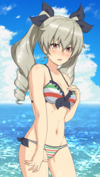 Rule 34 | 1girl, anchovy (girls und panzer), bare shoulders, bikini, blue sky, blush, breasts, cleavage, cloud, collarbone, drill hair, girls und panzer, green hair, highres, light green hair, medium breasts, midriff, navel, ocean, open mouth, panties, red eyes, ribbon, shiny skin, shy, skindentation, sky, solo, stomach, striped bikini, striped clothes, striped panties, sunlight, swimsuit, thighs, twin drills, underwear, water