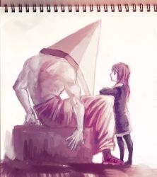 Rule 34 | 1boy, 1girl, absurdres, alessa gillespie, black hair, commentary request, dress, hat, helmet, highres, long hair, monster, muscular, pyramid head, silent hill, silent hill (movie), silent hill (series), thighhighs, topless male